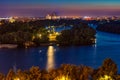 Night view of the Belgrade cityscape and confluence of Danube and Sava in Serbia