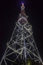 Night view from below of television tower located on the on the slope of High castle in Lviv Royalty Free Stock Photo