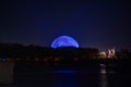 Night view of The Biosphere Environment Museum illuminated in blue light in Montreal. Royalty Free Stock Photo