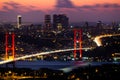 The night view of Bosphorus Bridge. Istanbul, Turkey. Long exposure sea and clouds Royalty Free Stock Photo