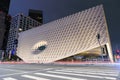 Night view of The Broad in downtown Los Angeles