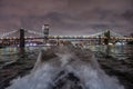 Night view of the Brooklyn Bridge, Manhattan Bridge and the Williamsburg Bridge from the East River Royalty Free Stock Photo