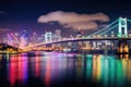 Night view of the Brooklyn Bridge and Manhattan skyline, New York City, View of Tokyo Bay , Rainbow bridge and Tokyo Tower Royalty Free Stock Photo