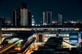 Night view of BTS sky train running in Bangkok Royalty Free Stock Photo