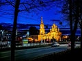 Night view of the building of the Holy Trinity Church on Kirov Street on a warm spring evening in Chelyabinsk