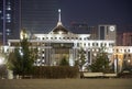 Night view of the building of the Ministry of Defense of Kazakhstan. Night illumination of buildings. Modern city. Astana,