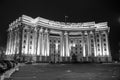 Night view of the building of the Ministry of Foreign Affairs of Ukraine in Kyiv, Ukraine. Black and white photo. Royalty Free Stock Photo