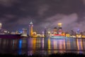 Night view of the bund at a cloudy day after raining with golden light in Shanghai, China Royalty Free Stock Photo