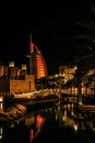 Night view of Burj Al Arab, Seven Star Hotel, A view from Jumeirah Beach, Residential a Royalty Free Stock Photo