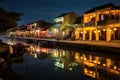 Night view of the canal in Hoi An ancient town, Vietnam, Hoi An ancient town riverfront, AI Generated Royalty Free Stock Photo