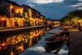 Night view of the canal in Hoi An ancient town, Vietnam, Hoi An ancient town riverfront, AI Generated Royalty Free Stock Photo