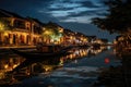 Night view of the canal in Hoi An ancient town, Vietnam, Hoi An ancient town riverfront, AI Generated Royalty Free Stock Photo