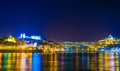 Night view of the cathedral, episcopal palace, luis I bridge and colorful houses in Porto, Portugal Royalty Free Stock Photo