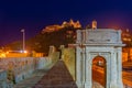 Night view of cathedral of San Ciriaco behind Arco di Traiano in Royalty Free Stock Photo