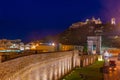 Night view of cathedral of San Ciriaco behind Arco di Traiano in Royalty Free Stock Photo