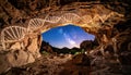 Night view from cave with glowing DNA helix light art on rock ceiling and starry sky outside. Concept of genetics, evolution, Royalty Free Stock Photo