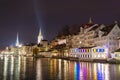 Night view of the center of zurich with famous fraumunster church