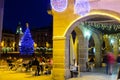 Night view of central square of Vic Placa Major with main Christmas tree Royalty Free Stock Photo