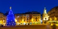 Night view of central square of Vic Placa Major with main Christmas tree Royalty Free Stock Photo