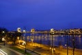 Night view of the Chain bridge in Budapest. View of Budapest and Parliament Building in Hungary. Royalty Free Stock Photo