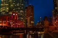 Night view of Chicago river and Marina City towers Royalty Free Stock Photo