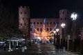 Night view at Christmas time of Torri Palatine in Turin, Italy