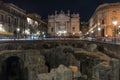 Night view of the church of San Biagio, in Catania; in the foreground a glimpse of the roman amphitheatre