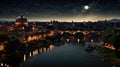 A night view of a city with a bridge over a river. Generative AI image. Royalty Free Stock Photo