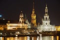 Night view of the city with royal palace buildings and reflections in the Elbe river in Dresden, Germany. Royalty Free Stock Photo