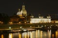 Night view of the city with Royal palace and Frauenkirche cathedral buildings and Elbe river in Dresden, Germany. Royalty Free Stock Photo