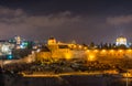 Night view of cityscape of old city Jerusalem built on top of the Temple Mount, with of Siliver dome of Al-Aqsa Mosque and golden Royalty Free Stock Photo