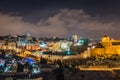 Night view of cityscape of old city Jerusalem built on top of the Temple Mount, with of Siliver dome of Al-Aqsa Mosque and golden Royalty Free Stock Photo