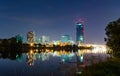 Night view at cityscape in Vienna Austria. View from Danube island at Donau City. Royalty Free Stock Photo