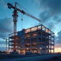 Night view of construction site. Crane building modern building. Urban construction with industrial equipment. Developing new Royalty Free Stock Photo
