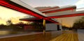 Night view of the contemporary terrace. Decked floor reflected in glass facade with red glowing elements. 3d rendering