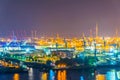 Night view of cranes in the port of hamburg, Germany Royalty Free Stock Photo