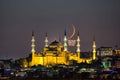 Night view with crescent moon of the Mosque of Sultan Ahmet, the Blue Mosque ramadan month mosque on the mahya, Istanbul, Turkey. Royalty Free Stock Photo