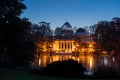 Night view of Crystal Palace or Palacio de cristal in Retiro Park in Madrid, Spain. Royalty Free Stock Photo