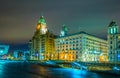 Night view of the Cunard building and the royal liver building in Liverpool, England