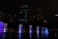 Night view of the dancing multi-colored fountains. Show of Singing Fountains