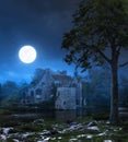 Night view of dark castle, fog, blue light and bright moon Royalty Free Stock Photo