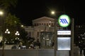 Night view of Dimotiko Theatro subway station entrance in Piraeus, Greece