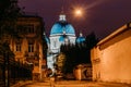 Night view domes with stars of the Troitsky Cathedral in Saint-Petersburg