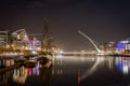 Night view of Dublin with water, bridge and buildings.