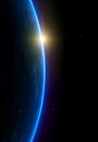 Night view of Earth from the satellite to the glowing lights of cities on the sunrise from the east. Outer space. Realistic vector