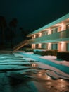 Night view of an empty hotel with glowing window lights during winter time. Empty and eerie resort. Generative AI
