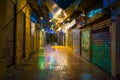 night view of an empty street in Plaka which is the old historical neighborhood of Athens, clustered around the northern Royalty Free Stock Photo