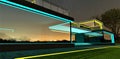 Night view of the entrance to the contemporary estate illuminated in turquoise with yellow elements. Large mirrored windows