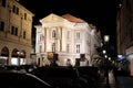 Night view of The Estates theatre in an old town square of Prague in the Czech republic