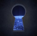 Night view of Europe through a keyhole